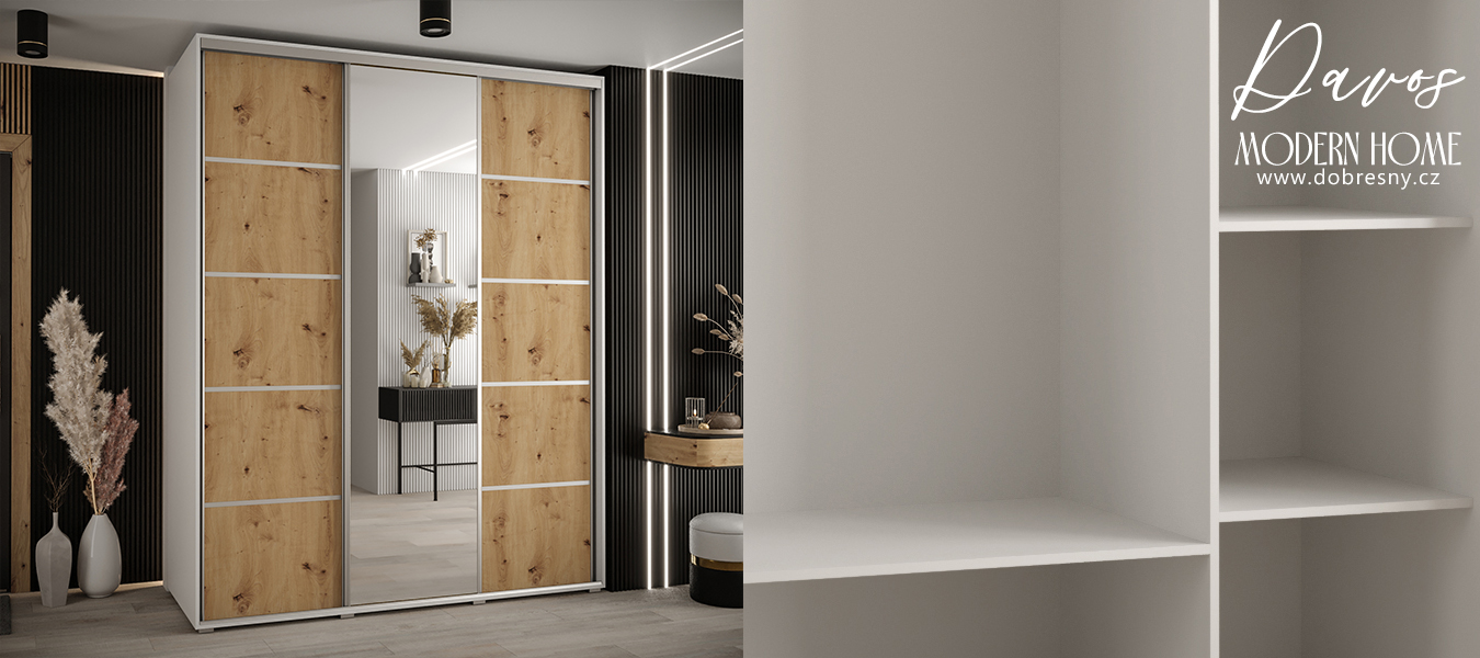 Šatní skříň s posuvnými dveřmi a zrcadlem DAVOS 5, 200cm | Bílá / DUB Artisan / stříbrné