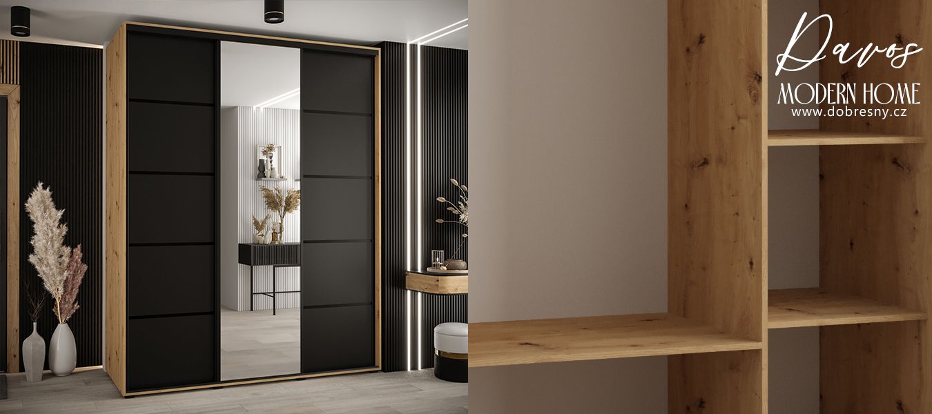 Šatní skříň s posuvnými dveřmi a zrcadlem DAVOS 5, 200cm | DUB Artisan / černá / černé