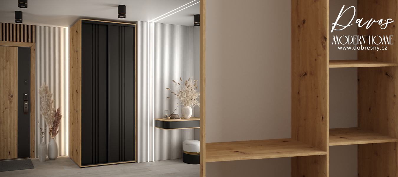 Šatní skříň s posuvnými dveřmi DAVOS 6, 100cm | DUB Artisan / černá / černé pojezdy