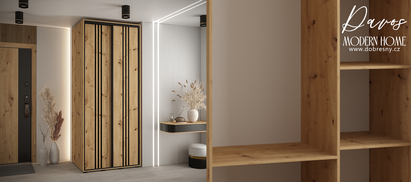 Šatní skříň s posuvnými dveřmi DAVOS 6, 100cm | DUB Artisan / černé pojezdy