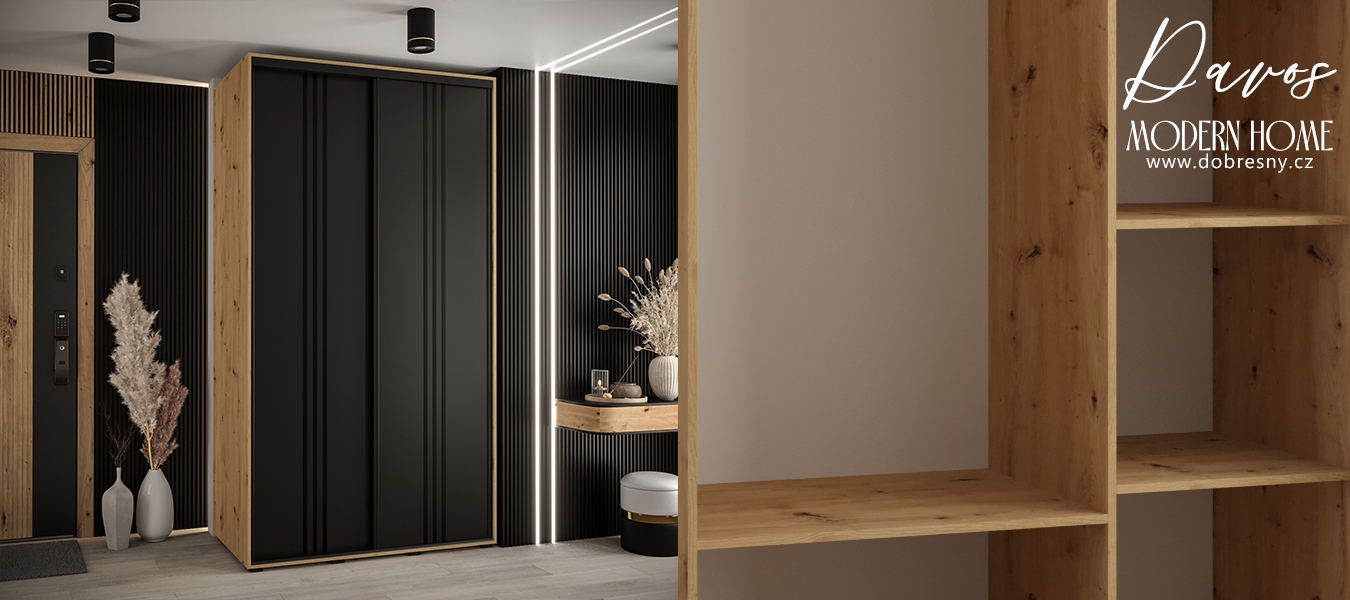 Šatní skříň s posuvnými dveřmi DAVOS 6, 140cm | DUB Artisan / černá / černé pojezdy