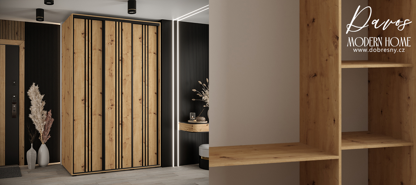 Šatní skříň s posuvnými dveřmi DAVOS 6, 160cm | DUB Artisan / černé pojezdy