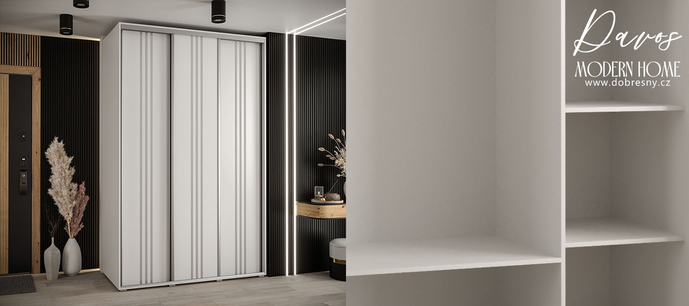 Šatní skříň s posuvnými dveřmi DAVOS 6, 160cm | Bílá / stříbrné pojezdy