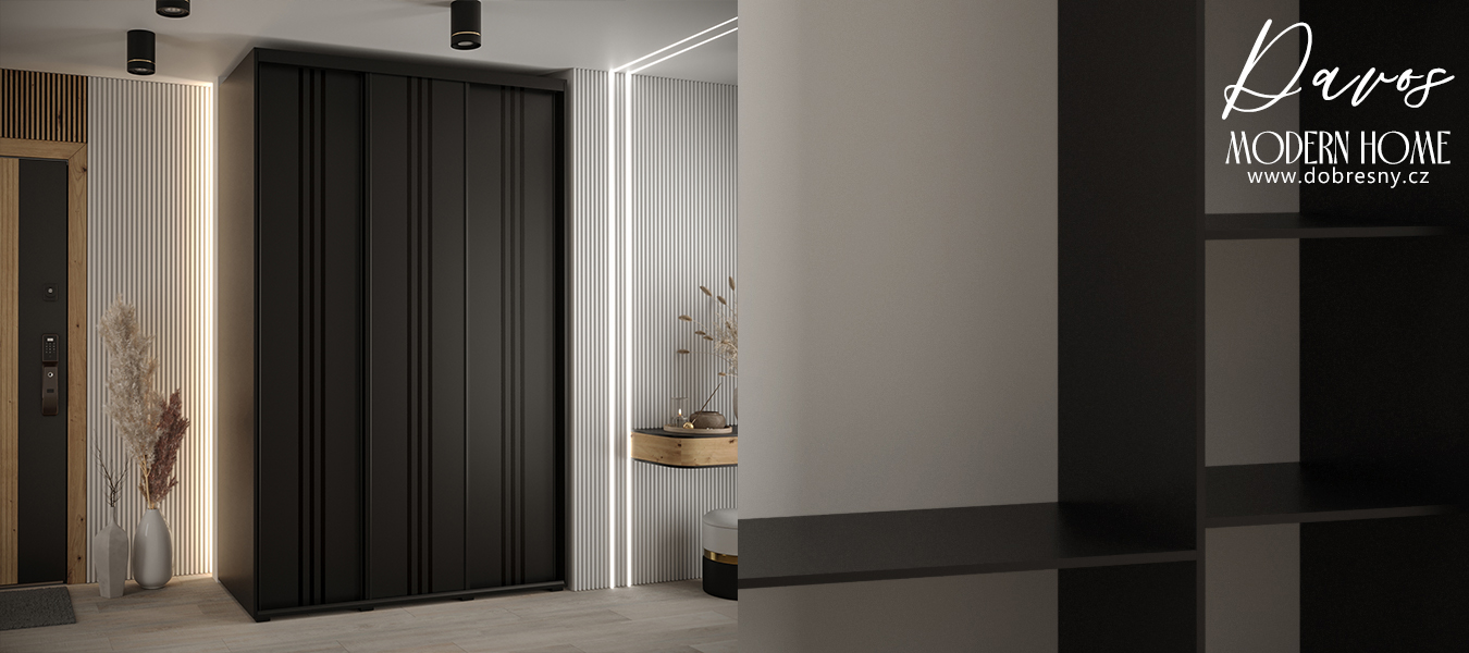 Šatní skříň s posuvnými dveřmi DAVOS 6, 160cm | Černá / černé pojezdy