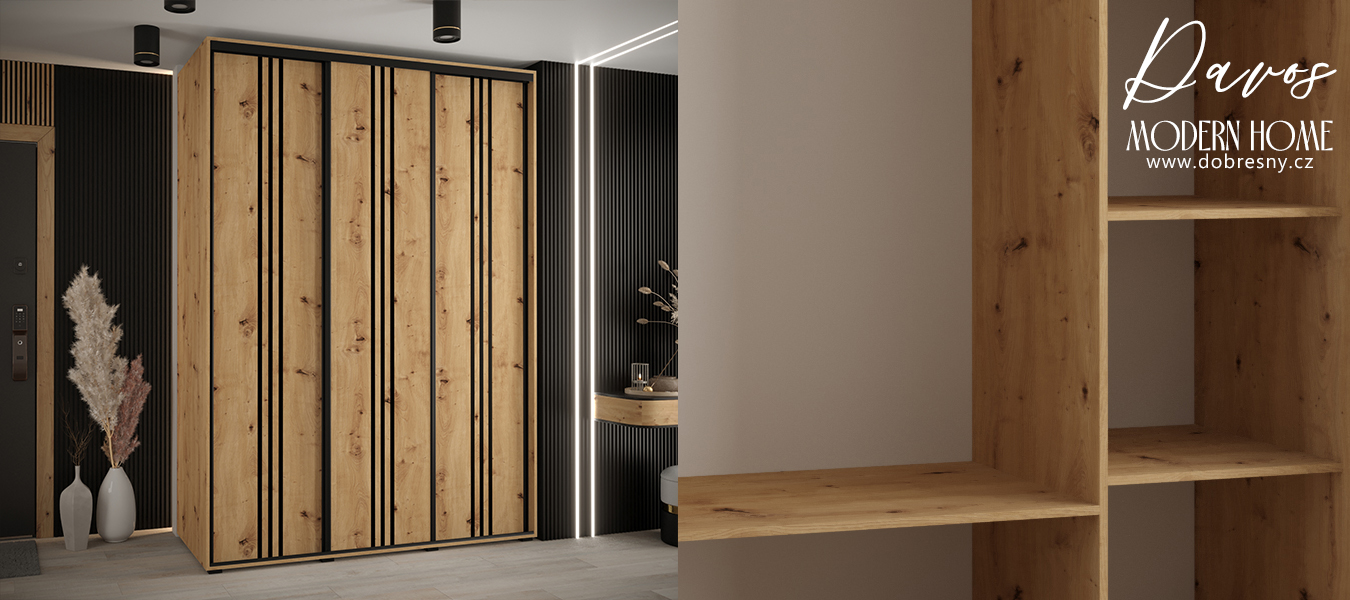 Šatní skříň s posuvnými dveřmi DAVOS 6, 180cm | DUB Artisan / černé pojezdy