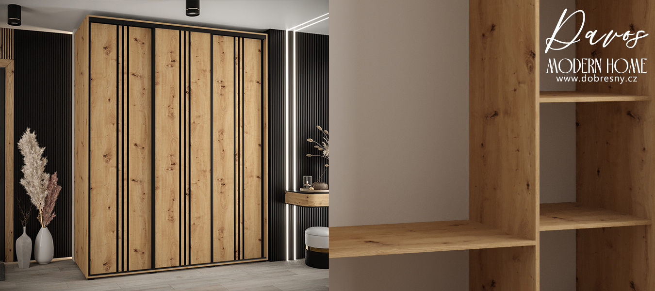 Šatní skříň s posuvnými dveřmi DAVOS 6, 190cm | DUB Artisan / černé pojezdy