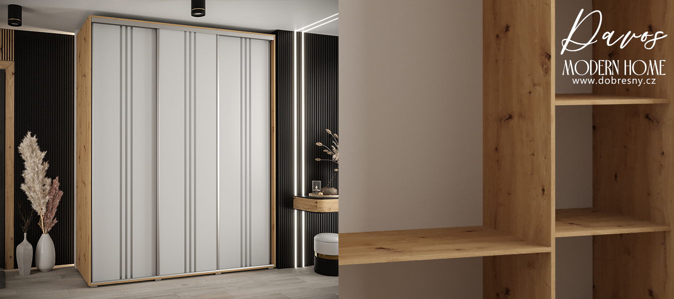 Šatní skříň s posuvnými dveřmi DAVOS 6, 190cm | DUB Artisan / bílá / stříbrné