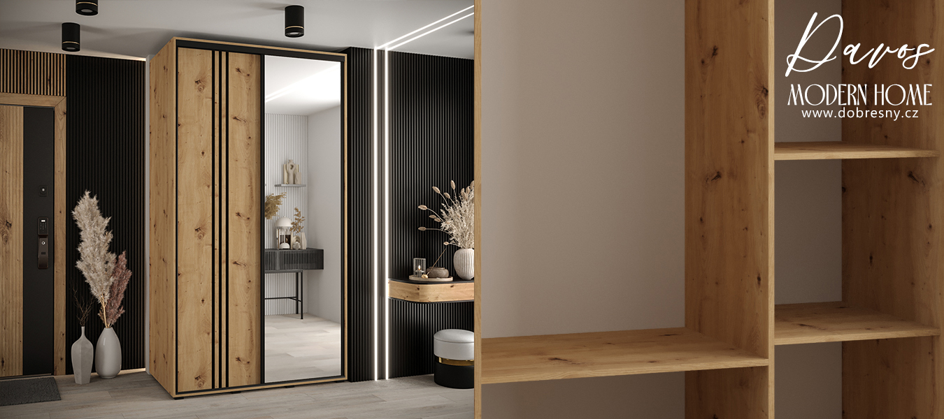 Šatní skříň s posuvnými dveřmi a zrcadlem DAVOS 7, 140cm | DUB Artisan / černé pojezdy