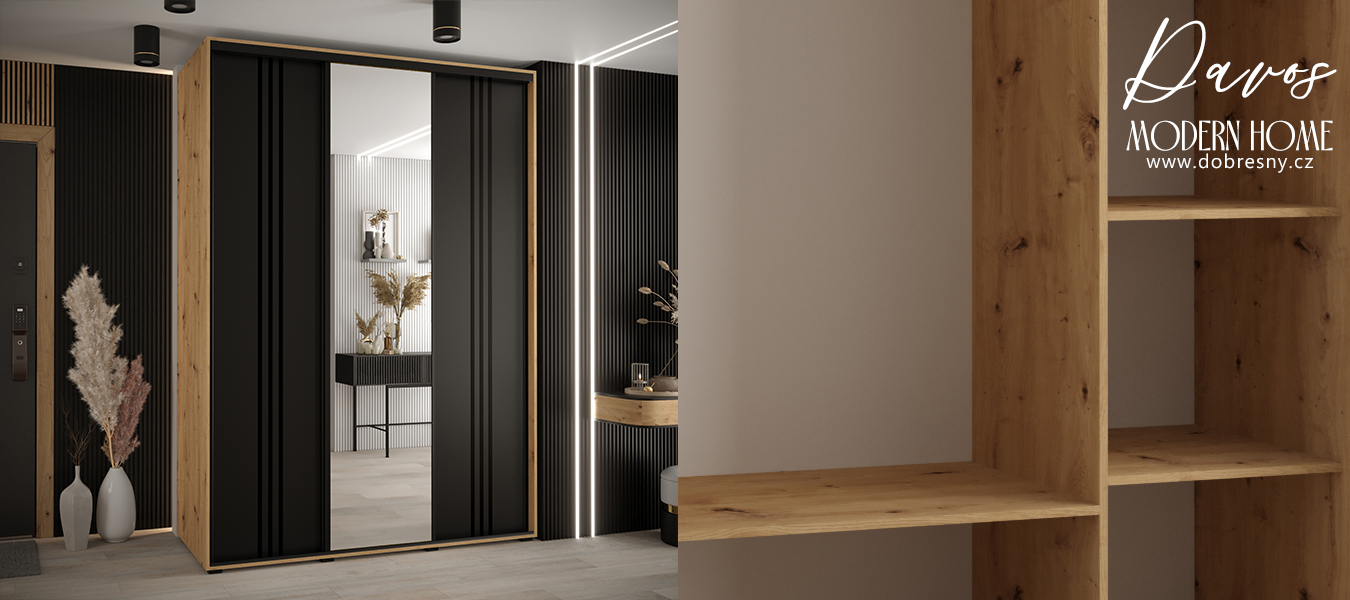 Šatní skříň s posuvnými dveřmi a zrcadlem DAVOS 7, 170cm | DUB Artisan / černá / černé