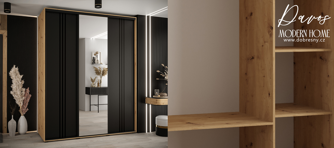 Šatní skříň s posuvnými dveřmi a zrcadlem DAVOS 7, 200cm | DUB Artisan / černá / černé