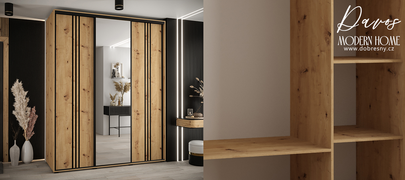 Šatní skříň s posuvnými dveřmi a zrcadlem DAVOS 7, 200cm | DUB Artisan / černé pojezdy