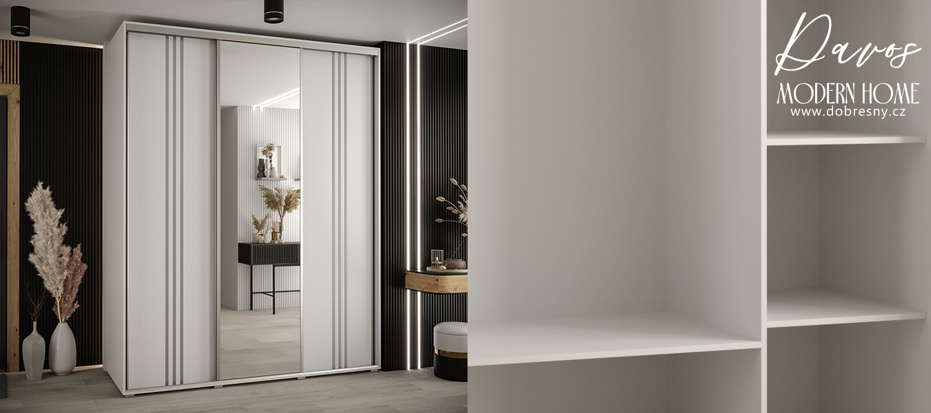 Šatní skříň s posuvnými dveřmi a zrcadlem DAVOS 7, 200cm | Bílá / stříbrné pojezdy