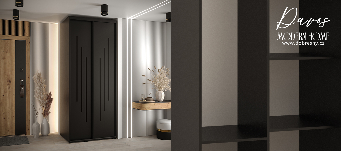 Šatní skříň s posuvnými dveřmi DAVOS 8, 100cm | Černá / černé pojezdy