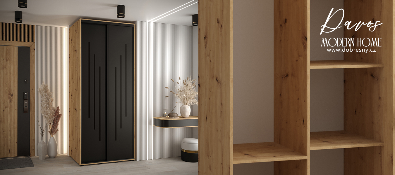 Šatní skříň s posuvnými dveřmi DAVOS 8, 100cm | DUB Artisan / černá / černé pojezdy