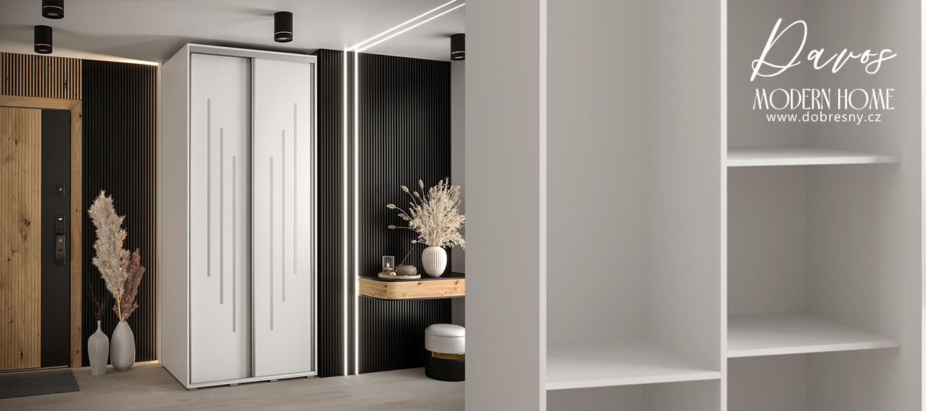Šatní skříň s posuvnými dveřmi DAVOS 8, 100cm | Bílá / stříbrné pojezdy