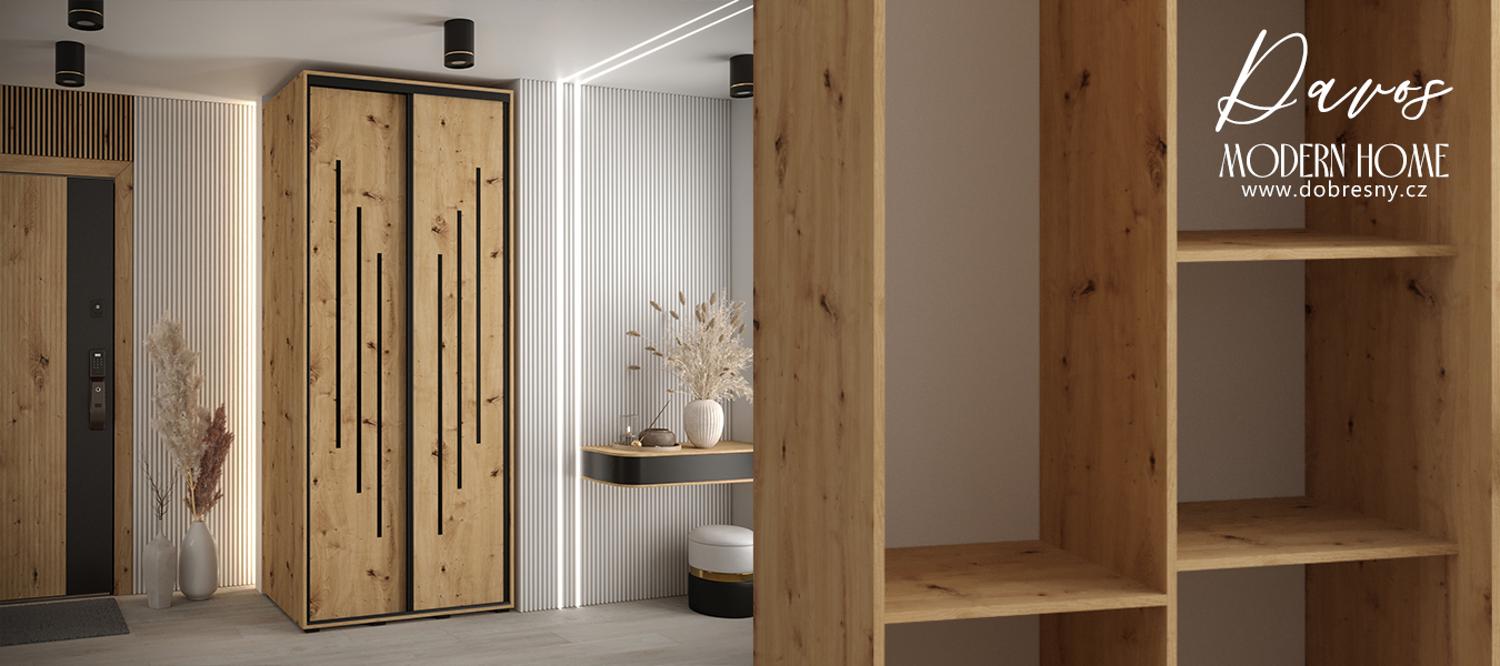 Šatní skříň s posuvnými dveřmi DAVOS 8, 120cm | DUB Artisan / černé pojezdy