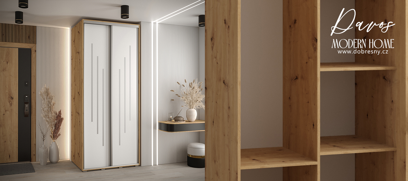Šatní skříň s posuvnými dveřmi DAVOS 8, 120cm | DUB Artisan / bílá / stříbrné