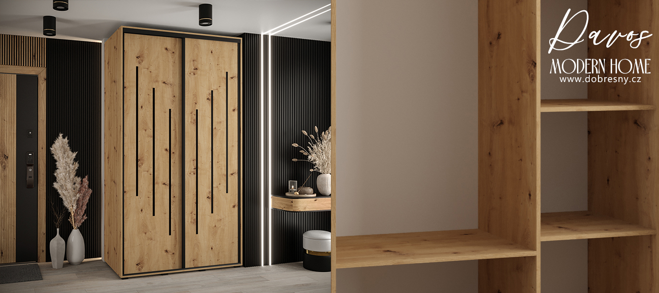 Šatní skříň s posuvnými dveřmi DAVOS 8, 140cm | DUB Artisan / černé pojezdy