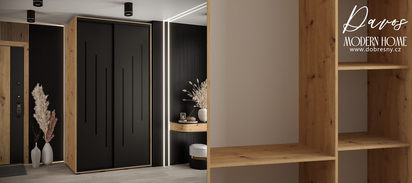 Šatní skříň s posuvnými dveřmi DAVOS 8, 140cm | DUB Artisan / černá / černé pojezdy