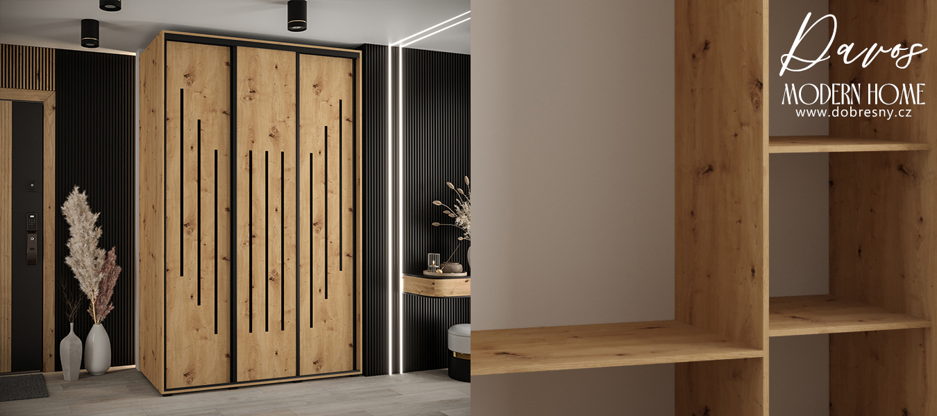 Šatní skříň s posuvnými dveřmi DAVOS 8, 160cm | DUB Artisan / černé pojezdy