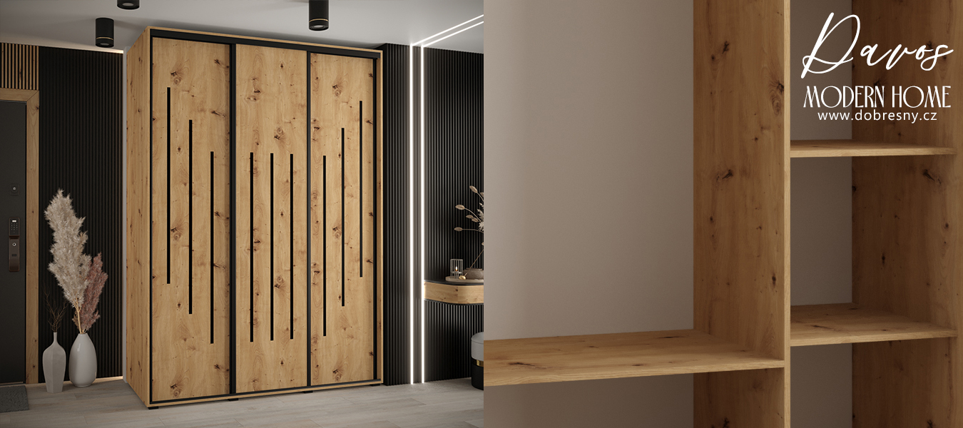 Šatní skříň s posuvnými dveřmi DAVOS 8, 180cm | DUB Artisan / černé pojezdy