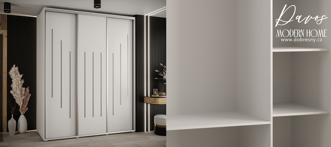 Šatní skříň s posuvnými dveřmi DAVOS 8, 200cm | Bílá / stříbrné pojezdy