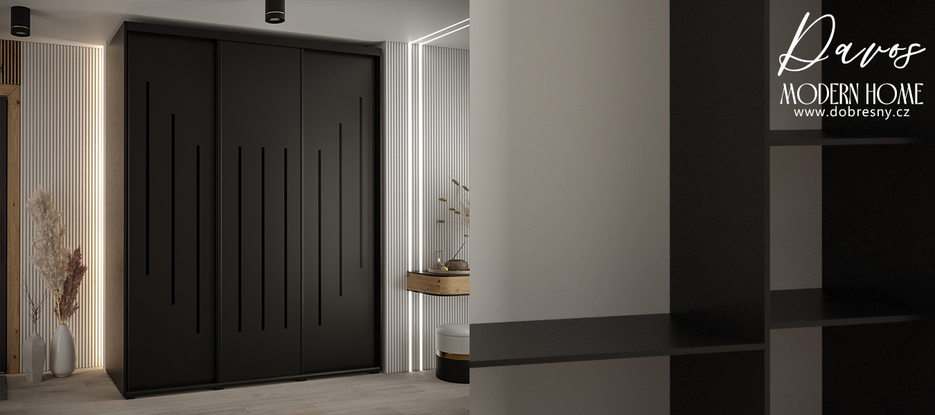 Šatní skříň s posuvnými dveřmi DAVOS 8, 200cm | Černá / černé pojezdy
