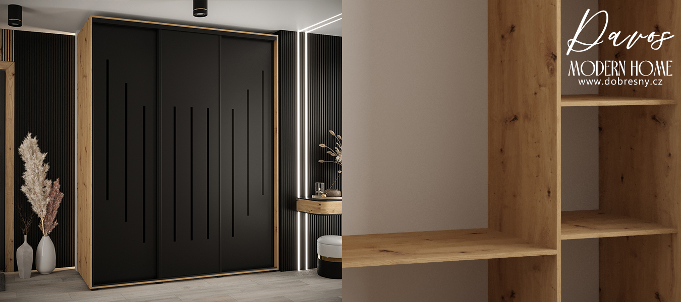 Šatní skříň s posuvnými dveřmi DAVOS 8, 200cm | DUB Artisan / černá / černé pojezdy