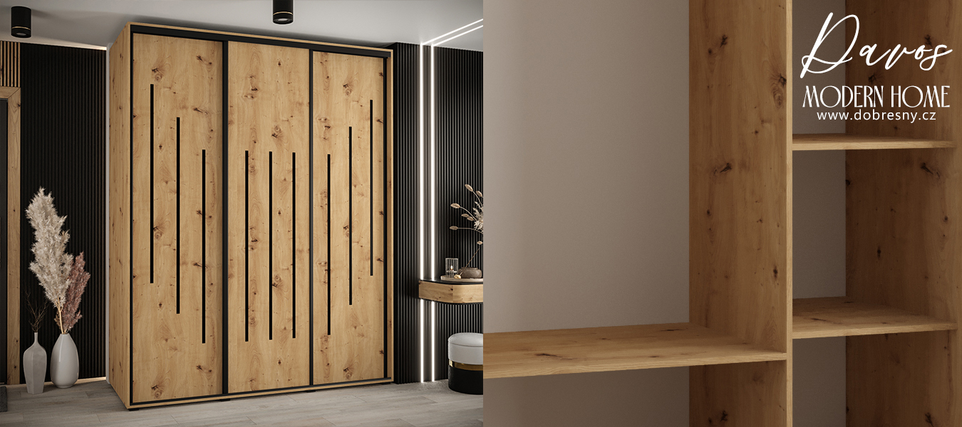 Šatní skříň s posuvnými dveřmi DAVOS 8, 200cm | DUB Artisan / černé pojezdy