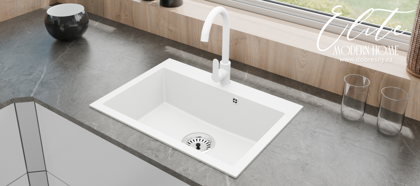 Granitový dřez ELITE bílý + sifon chrom 60 x 50 x 21cm