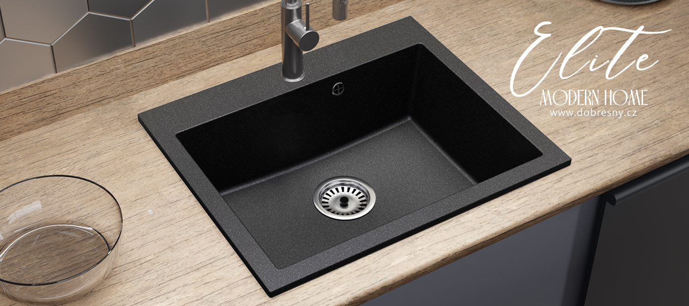 Granitový dřez ELITE černý s texturou žuly + sifon chrom 60 x 50 x 21cm