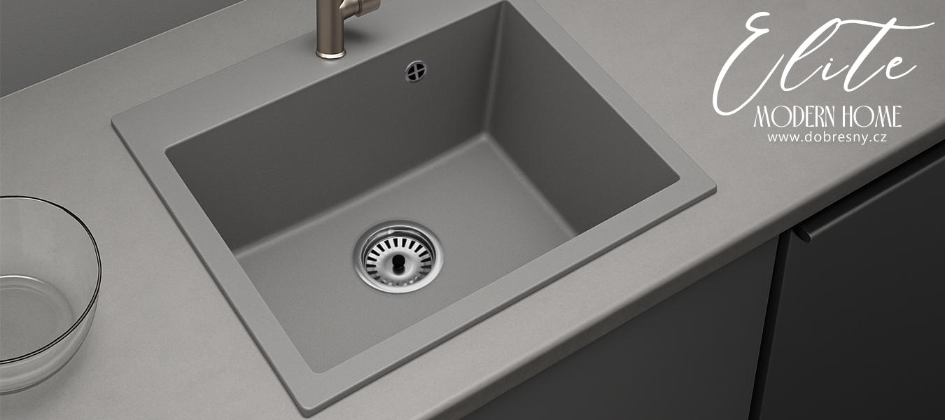 Granitový dřez ELITE šedý + sifon chrom 60 x 50 x 21cm