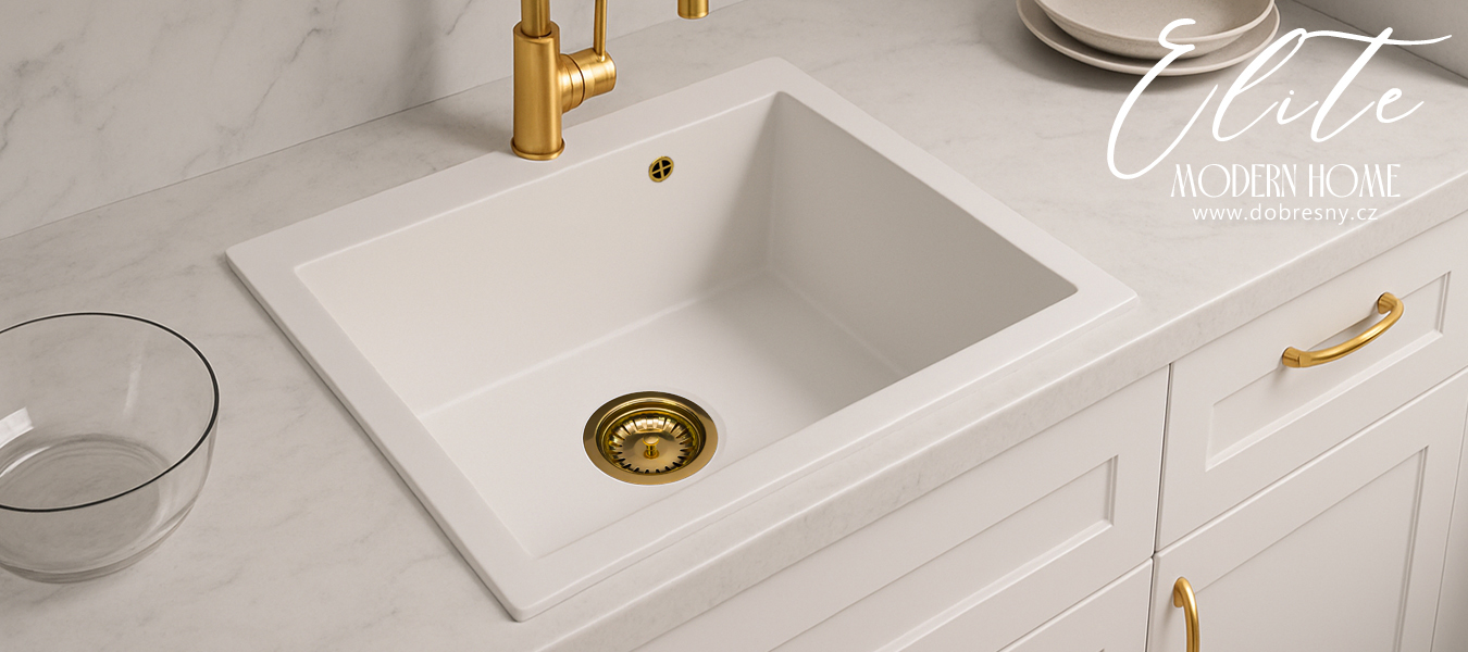 Granitový dřez ELITE bílý + zlatý sifon 60 x 50 x 21cm