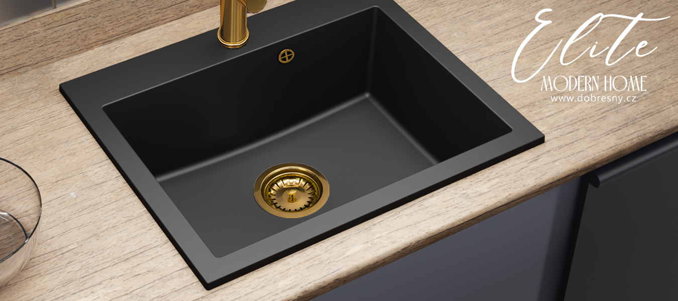 Granitový dřez ELITE černý + zlatý sifon 60 x 50 x 21cm