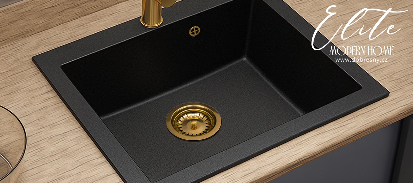 Granitový dřez ELITE černý s texturou žuly + zlatý sifon 60 x 50 x 21cm