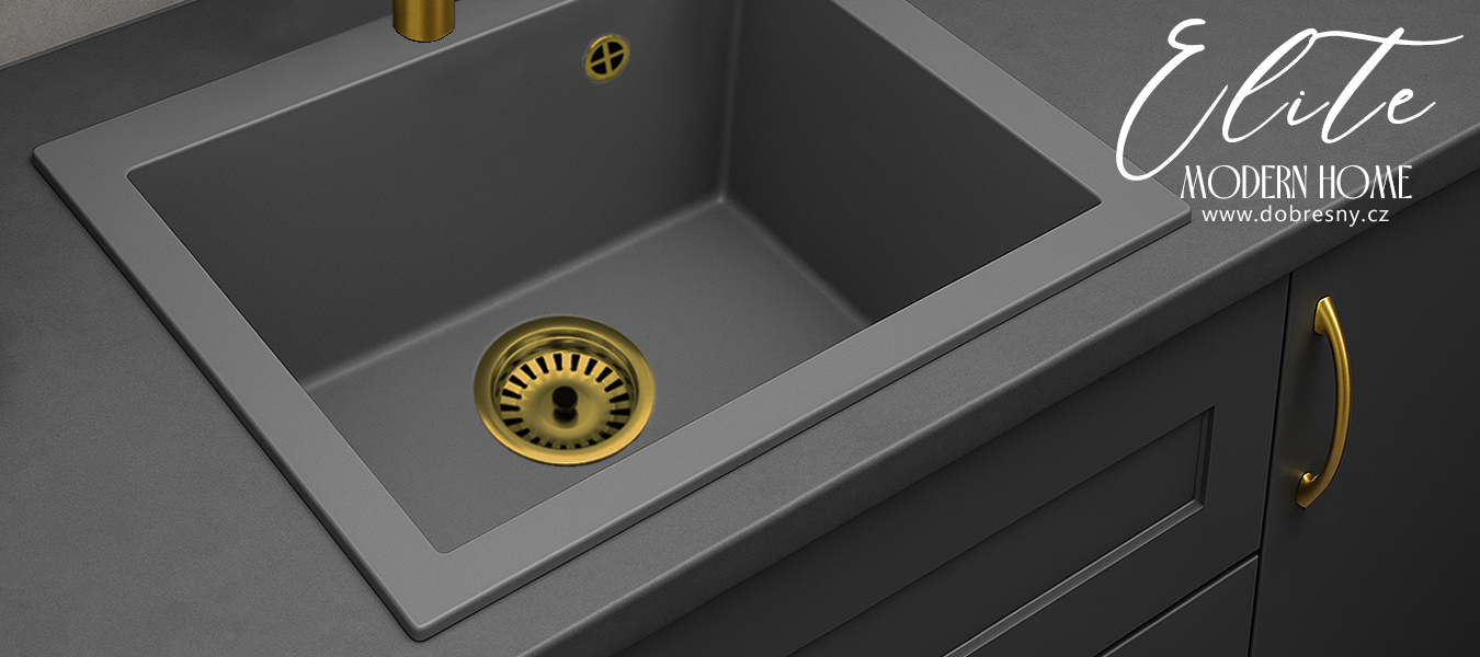 Granitový dřez ELITE šedý + zlatý sifon 60 x 50 x 21cm