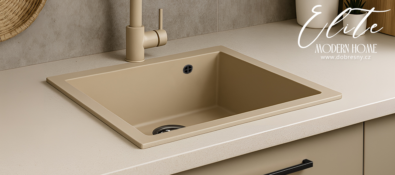 Granitový dřez ELITE béžový + černý sifon 60 x 50 x 21cm