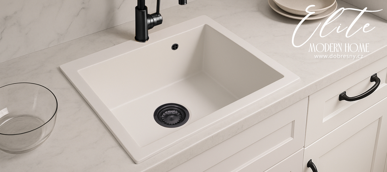 Granitový dřez ELITE bílý + černý sifon 60 x 50 x 21cm