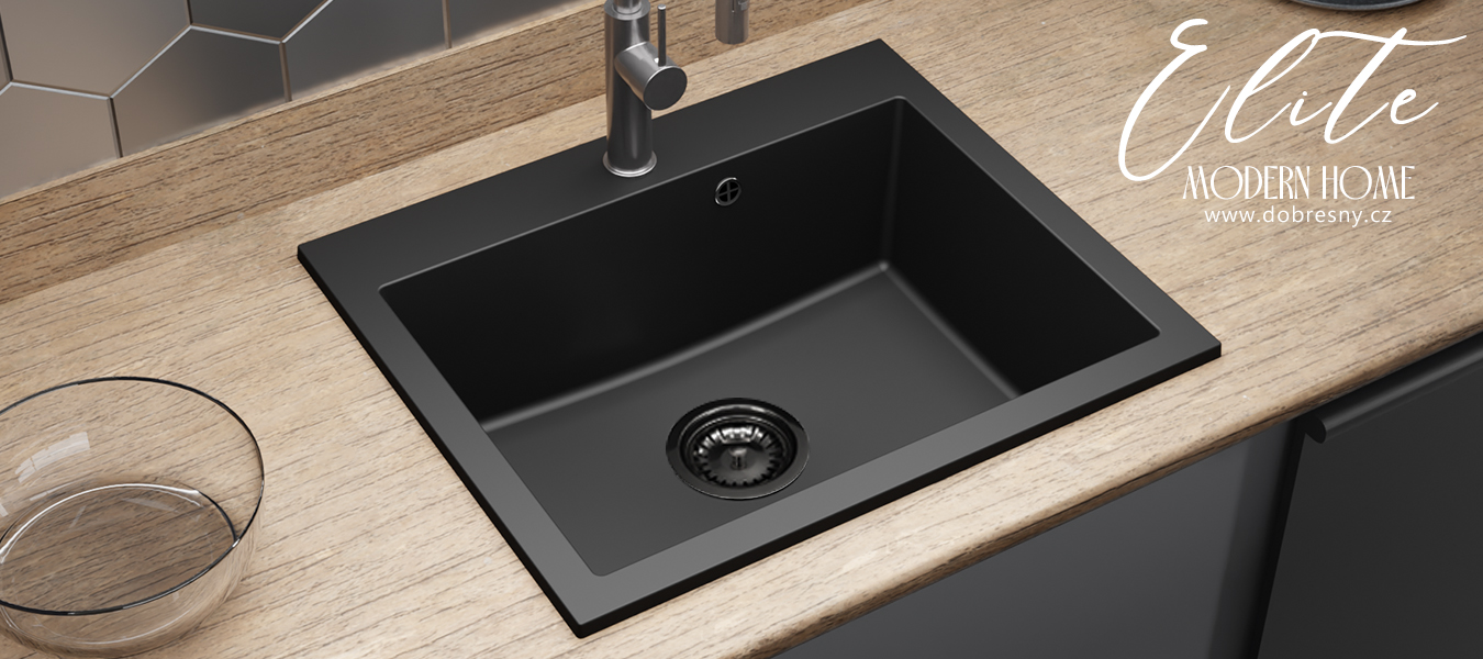 Granitový dřez ELITE černý + černý sifon 60 x 50 x 21cm