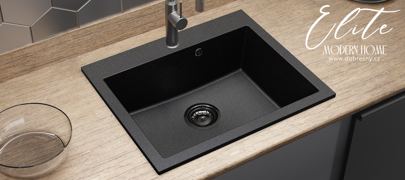 Granitový dřez ELITE černý s texturou žuly + černý sifon 60 x 50 x 21cm