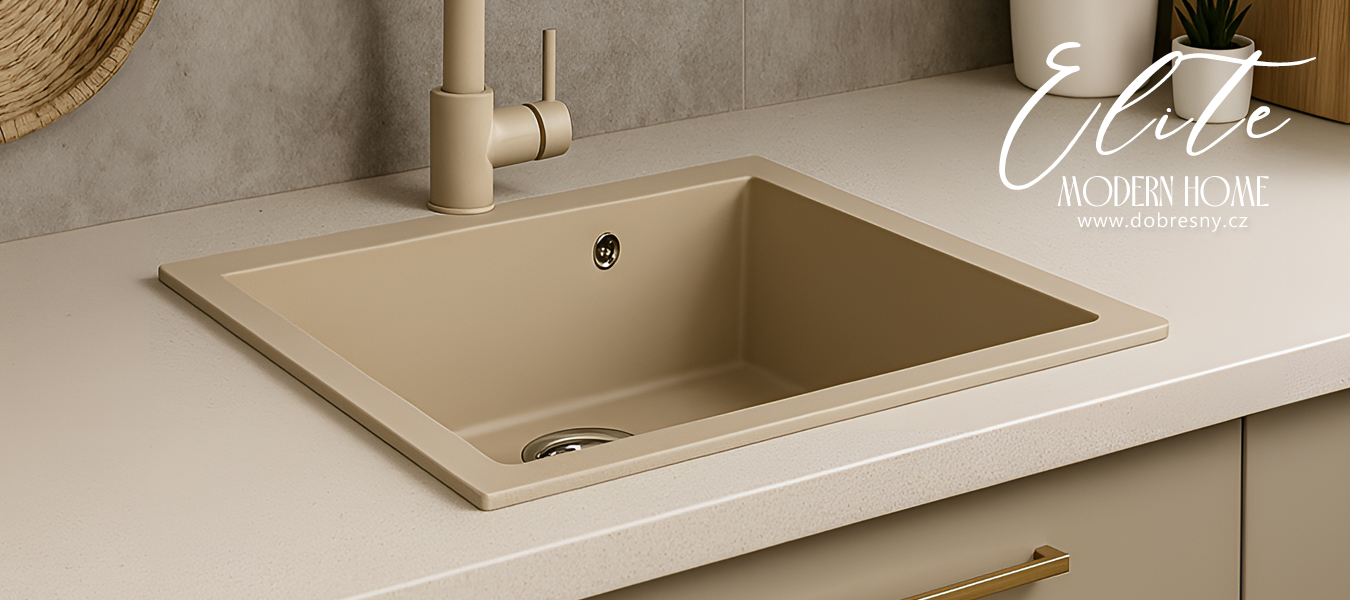 Granitový dřez ELITE béžový + sifon chrom 70 x 50 x 21 cm