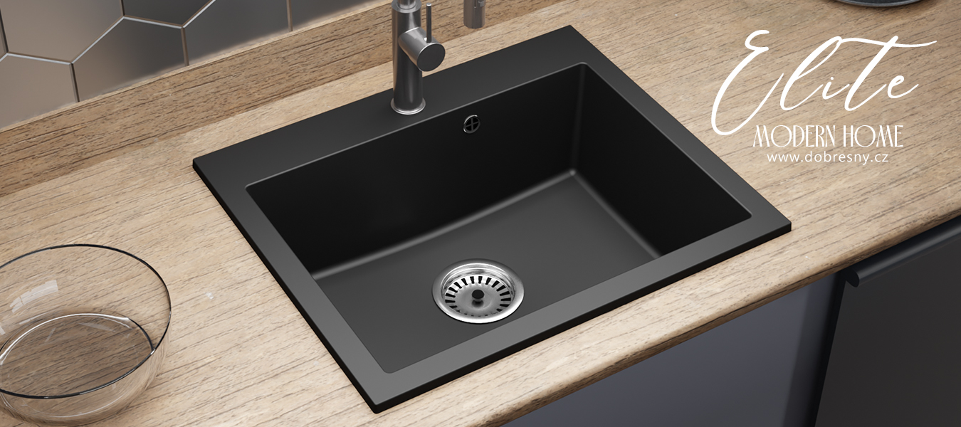 Granitový dřez ELITE černý + sifon chrom 70 x 50 x 21 cm