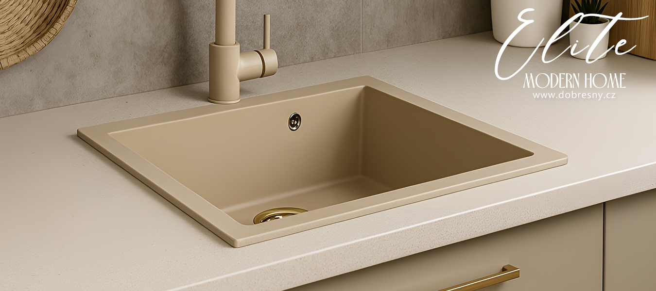 Granitový dřez ELITE béžový + sifon zlatý 70 x 50 x 21 cm