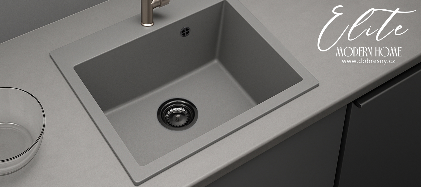 Granitový dřez ELITE šedý + sifon černý 70 x 50 x 21 cm