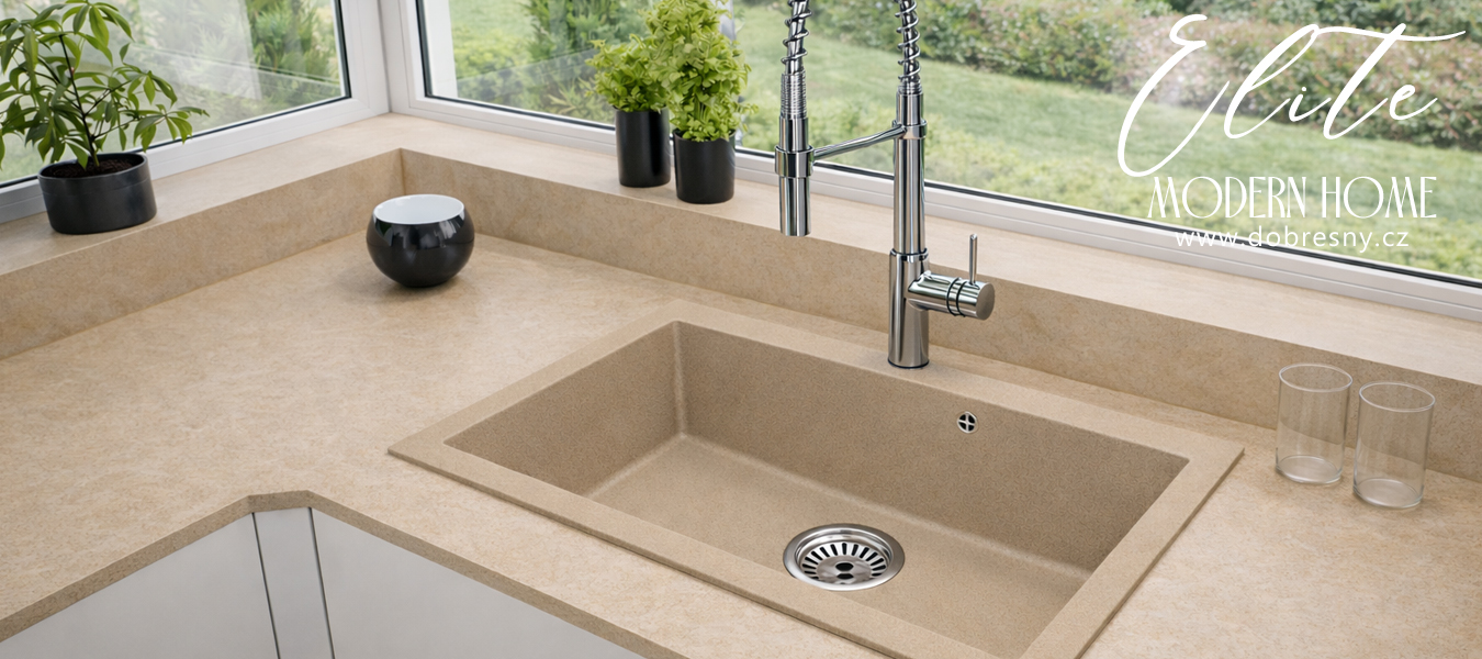 Granitový dřez ELITE béžový + sifon chrom 80 x 50 x 21 cm