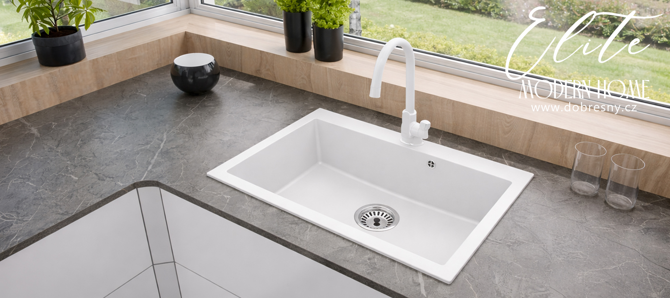 Granitový dřez ELITE bílý + sifon chrom 80 x 50 x 21 cm