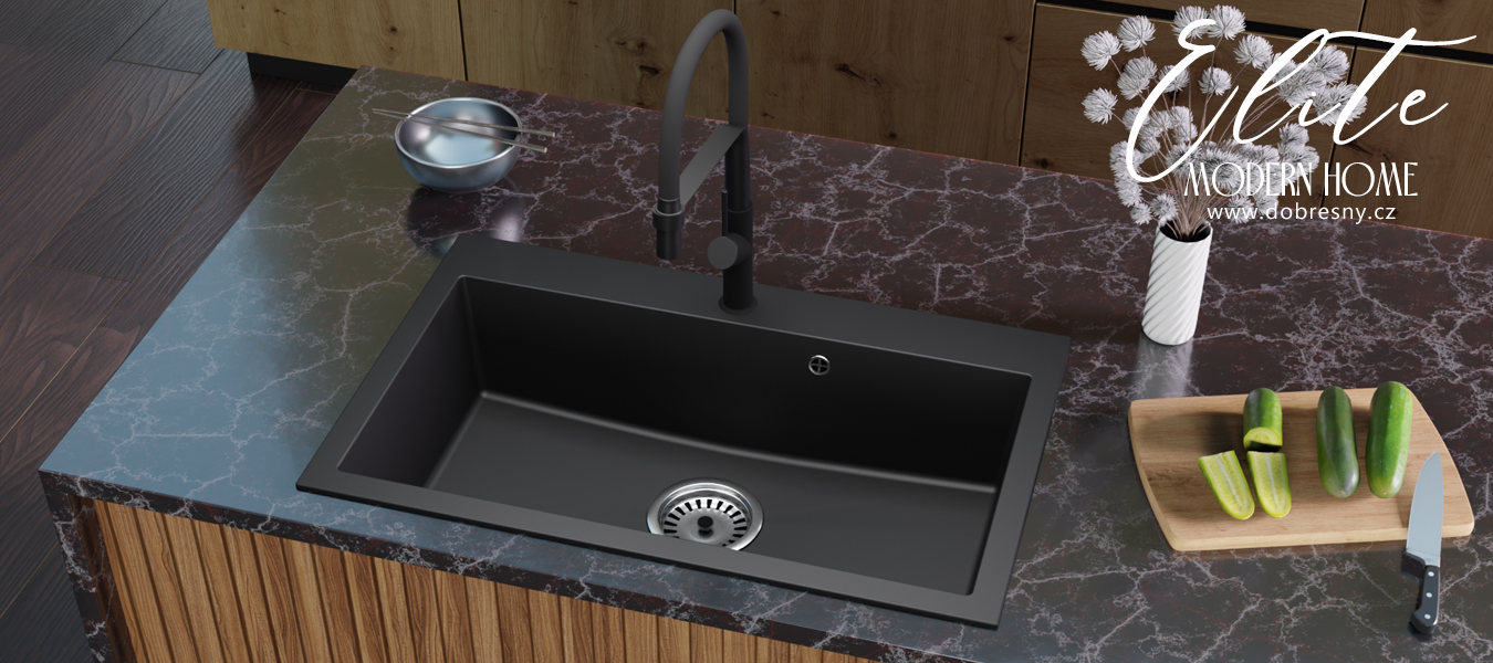 Granitový dřez ELITE černý + sifon chrom 80 x 50 x 21 cm