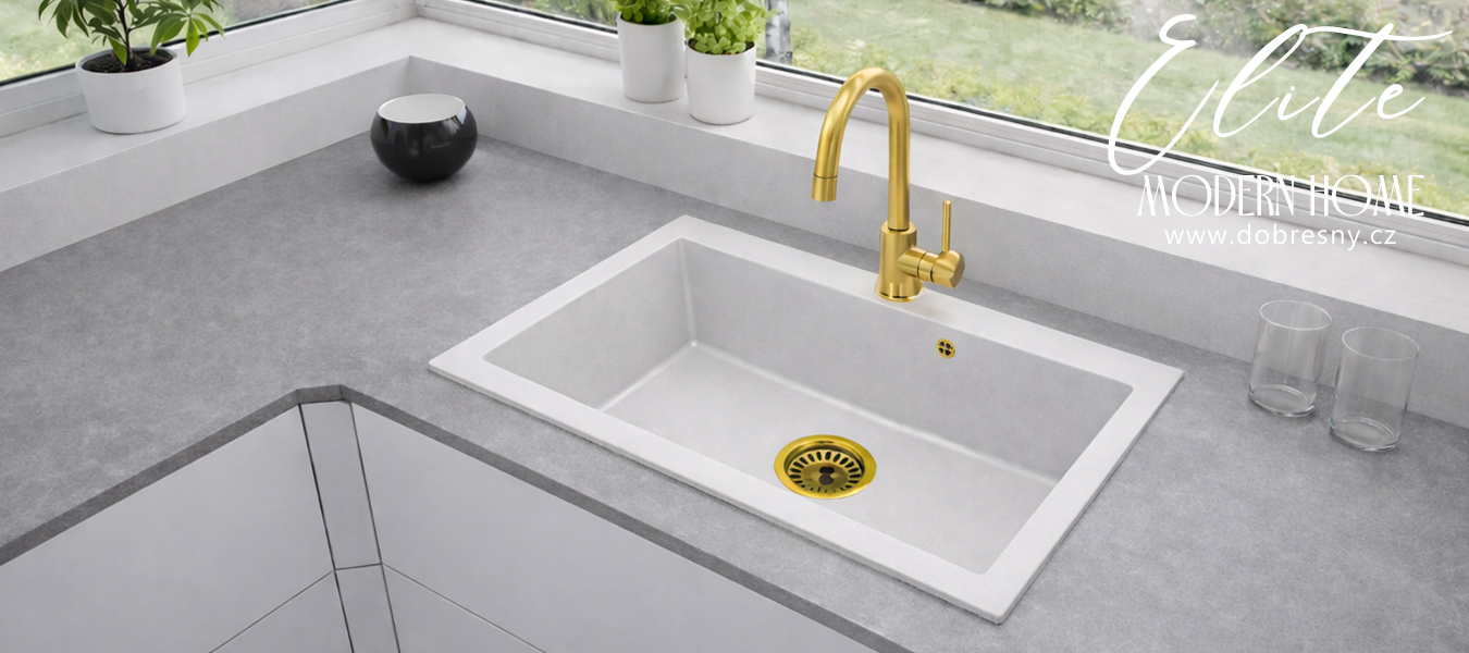 Granitový dřez ELITE bílý + sifon zlatý 80 x 50 x 21 cm