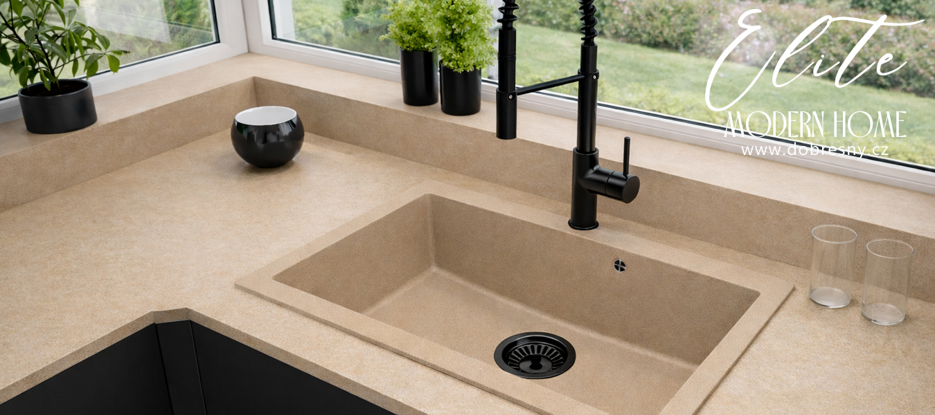 Granitový dřez ELITE béžový + sifon černý 80 x 50 x 21 cm
