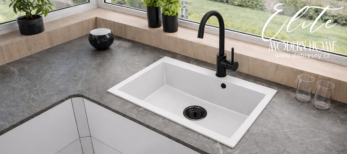 Granitový dřez ELITE bílý + sifon černý 80 x 50 x 21 cm
